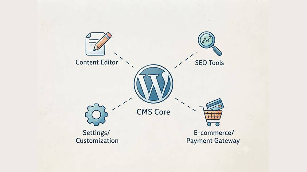 Conceptual illustration of a CMS (WordPress) as a central hub connected to content, SEO, and e-commerce tools