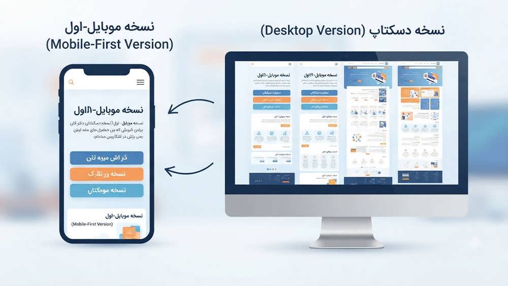 مقایسه طراحی سایت دسکتاپ و موبایل؛ تأکید بر سادگی و دسترسی آسان در نسخه موبایل.