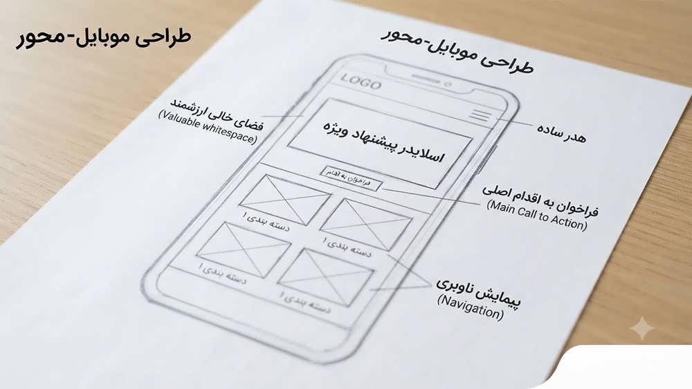 نمونه وایرفریم با دقت پایین (Low-Fidelity) دستی برای موبایل، نشاندهنده اهمیت فضای خالی و سادگی در طراحی وب با راهنمایی کاراویزا.