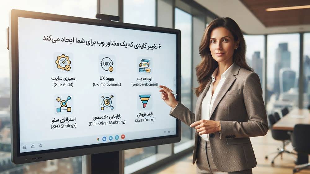 مشاور وب متخصص در حال ارائه ۶ راهکار کلیدی بهبود وب‌سایت در دفتر کار مدرن.