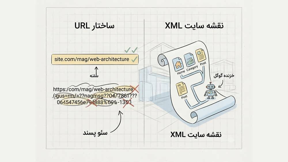تصویر مقایسهای ساختار URL بهینه و نقشه سایت XML که به خزش موتورهای جستجو کمک میکند.