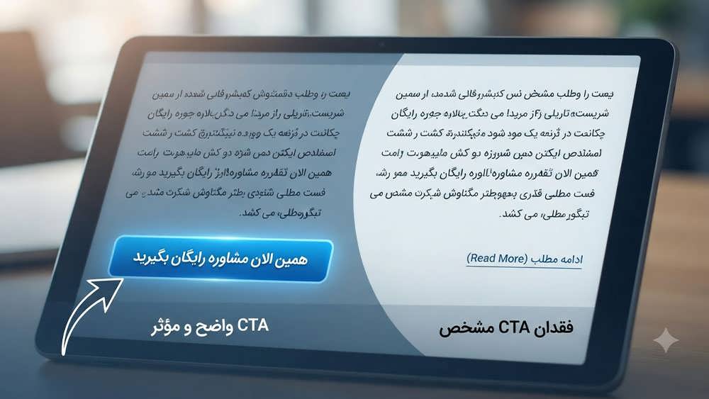 مقایسه پایان‌بندی مقاله بدون CTA و با دکمه CTA آبی رنگ و برجسته.