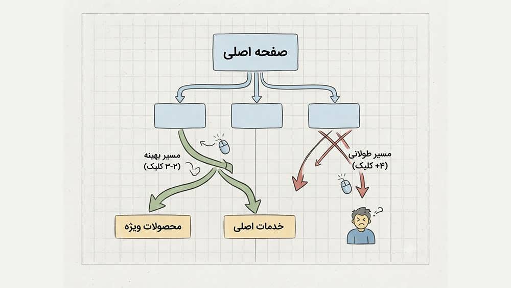 اینفوگرافیک قانون ۳ کلیک، نشاندهنده مسیر بهینه دسترسی به صفحات داخلی سایت برای جلوگیری از تجربه کاربری بد