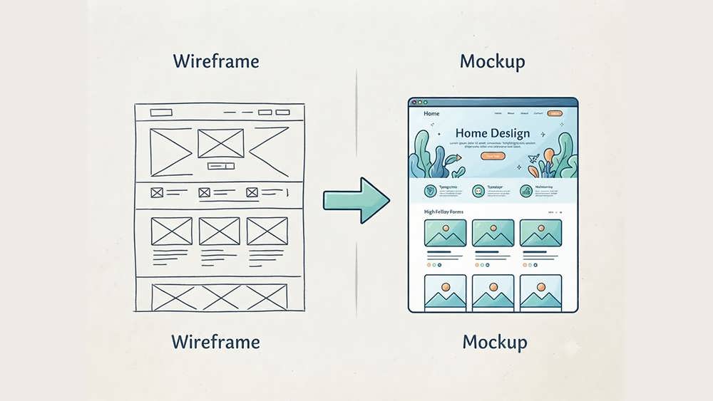The UI design process: transforming low-fidelity wireframes into high-fidelity mockups.