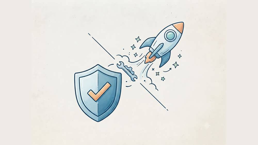 Visual representation of website maintenance, focusing on speed optimization (rocket) and security (shield).