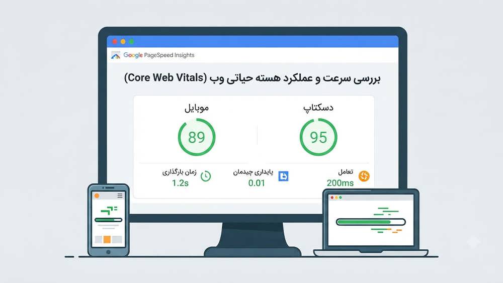داشبورد Google PageSpeed Insights نشان‌دهنده امتیاز بالای سرعت و عملکرد سایت در موبایل و دسکتاپ.