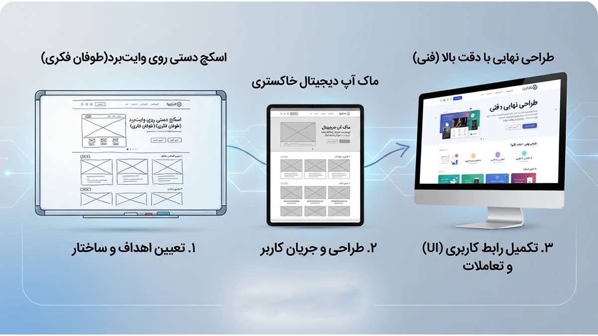 اینفوگرافیک جامع وایرفریم وب سایت از اسکچ تا طراحی نهایی، نمایش نقش UX و UI در موفقیت سایت‌های ایرانی با کاراویزا.