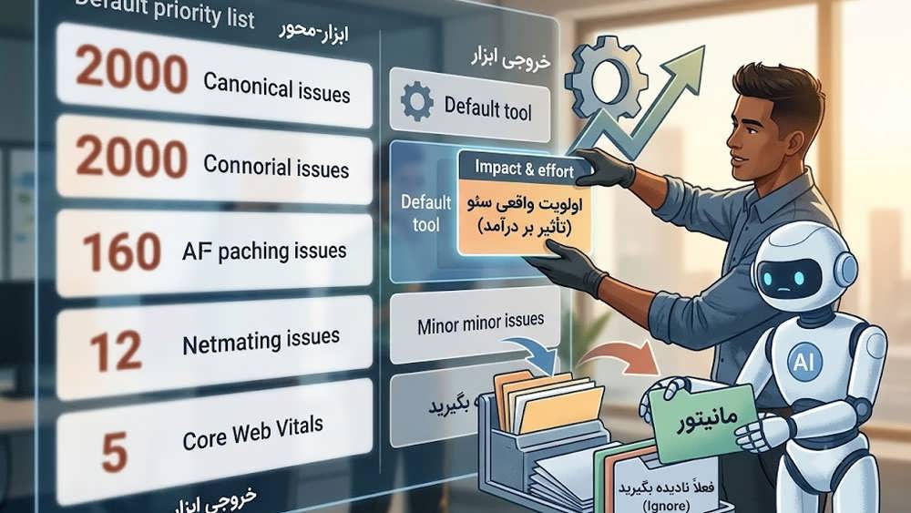 یک متخصص سئو در حال تعامل با یک نمایشگر شفاف و استفاده از فیلترهای تأثیر و تلاش برای هدایت خطاهای بیتأثیر و کماولویت به سطل "Ignore" (قرمز).