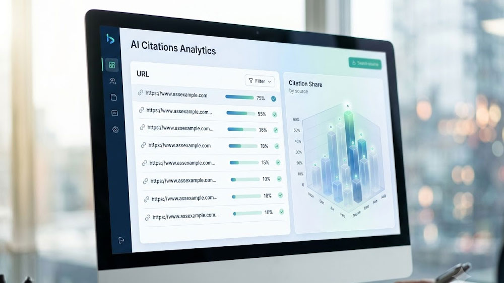 عکسی از نمای نزدیک از صفحه مانیتور کامپیوتر که داشبورد «AI Citations Analytics» را با URL های منبع و علامت های تیک به سبک خاص نمایش می دهد.۶