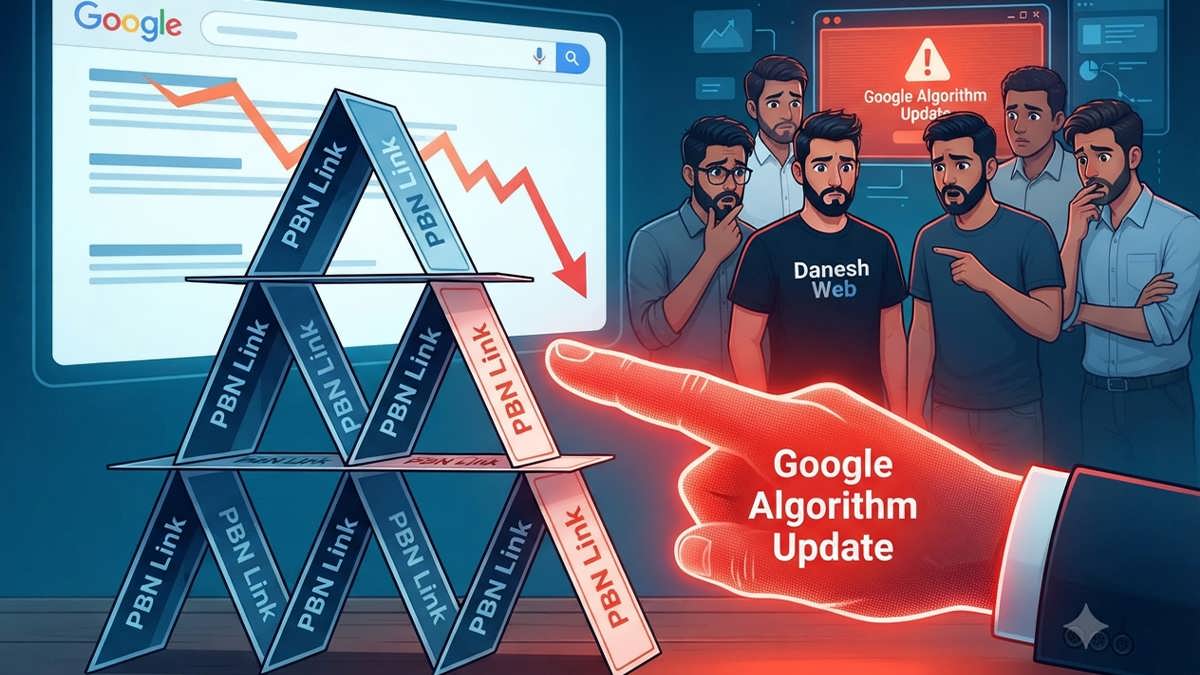 A conceptual digital illustration showing a fragile house of cards labeled with 'PBN Link' tags being toppled by a giant red finger representing a Google Algorithm update, while a website ranking graph plummets in the background, observed by concerned SEO specialists.