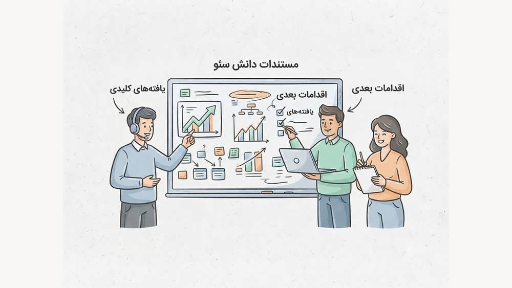 تصویر گرافیکی مستندسازی نتایج تست سئو و اشتراک‌گذاری دانش با اعضای تیم برای بهبود استراتژی‌های آینده.
