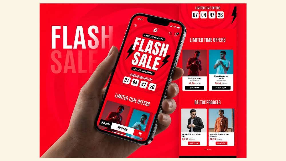 طراحی وبسایت حراج فوری با رنگهای پرانرژی قرمز و سفید - Red and White Flash Sale Website Design