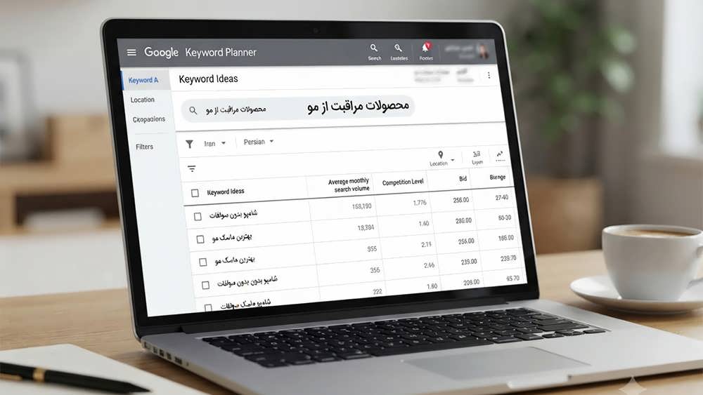 نمایی از صفحه لپ تاپ که رابط کاربری Google Keyword Planner را با عبارت جستجوی فارسی 'محصولات مراقبت از مو' و لیست کلمات کلیدی پیشنهادی نمایش می دهد.