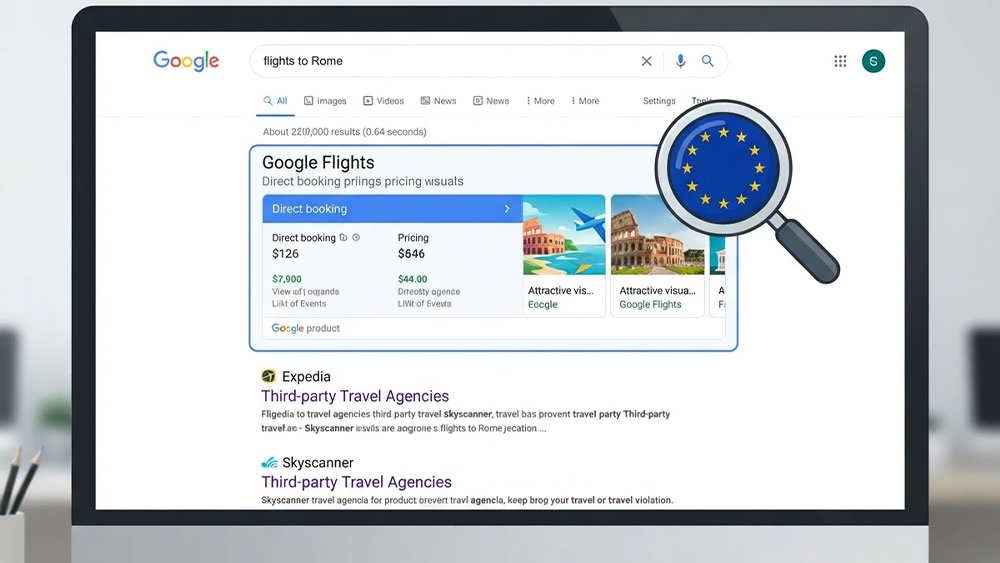 نتایج جستجوی گوگل که نشاندهنده ترجیح دادن سرویس «Google Flights» توسط خود گوگل نسبت به رقبایی همچون «Expedia» است.