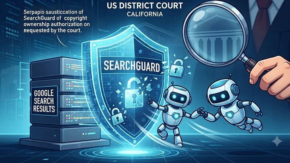 تصویر مفهومی سیستم SearchGuard گوگل در دادگاه، چالش حقوقی بر سر اسکرپینگ نتایج جستجوی عمومی و حفاظت از کپی رایت.