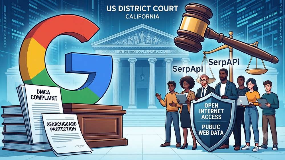 تصویرسازی دادگاه گوگل علیه SerpApi، جدال حقوقی بر سر استفاده از قانون DMCA و دسترسی به داده‌های عمومی وب.