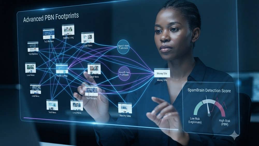 A high-tech, conceptual photograph taken in a dark digital forensic lab. An AI specialist analyzes a complex network of interconnected websites on a transparent holographic display, visualizing 'Advanced PBN Footprints' that connect seemingly legitimate sites to a central 'Money Site' via hidden patterns.