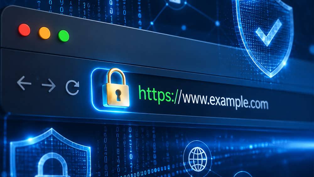 مرورگر وب با اتصال امن HTTPS، نماد قفل SSL و عناصر امنیت سایبری برای محافظت از اطلاعات کاربران.