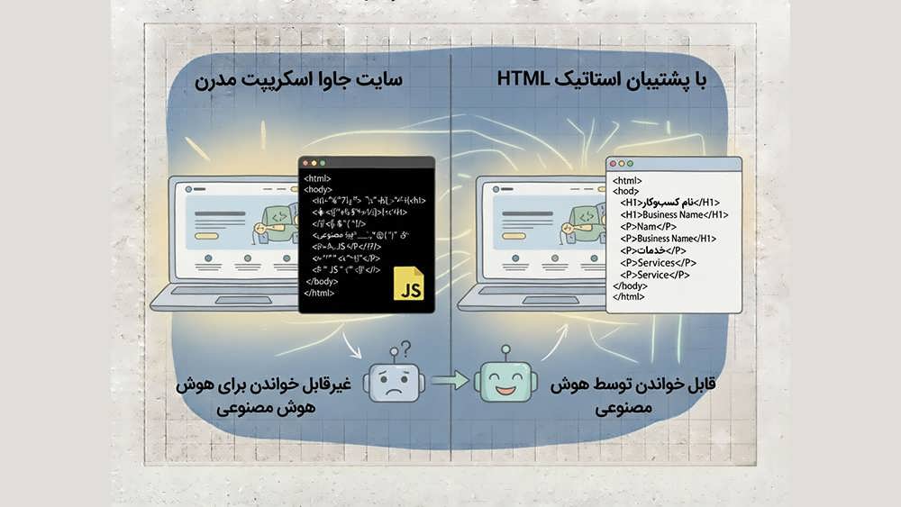 تصویر مقایسه ای نشان دهنده تفاوت در قابلیت بازیابی اطلاعات توسط هوش مصنوعی بین یک وب سایت کاملاً رندر شده توسط کلاینت و سایتی با پشتیبان استاتیک
