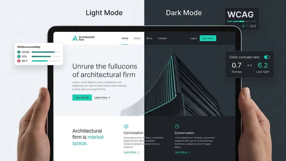 نمایش طراحی وبسایت با رعایت کنتراست و تم تاریک - Color Contrast and Dark Mode Website Design Mockup