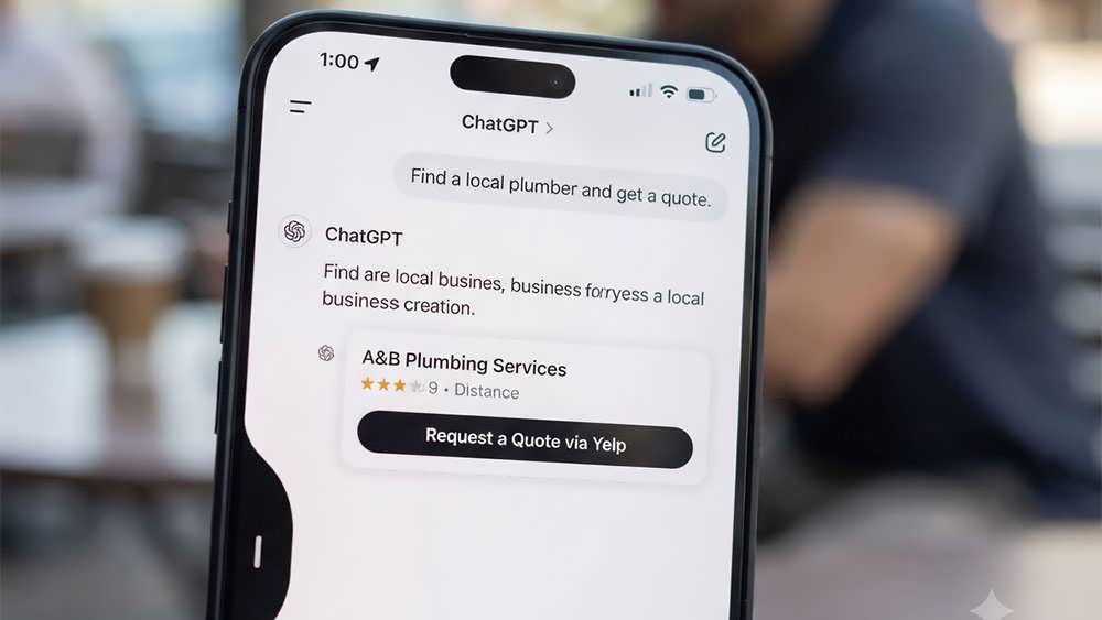 اسکرین‌شات موبایل که دکمه «درخواست استعلام قیمت از طریق Yelp» را در نتایج جستجوی محلی ChatGPT نشان می‌دهد.