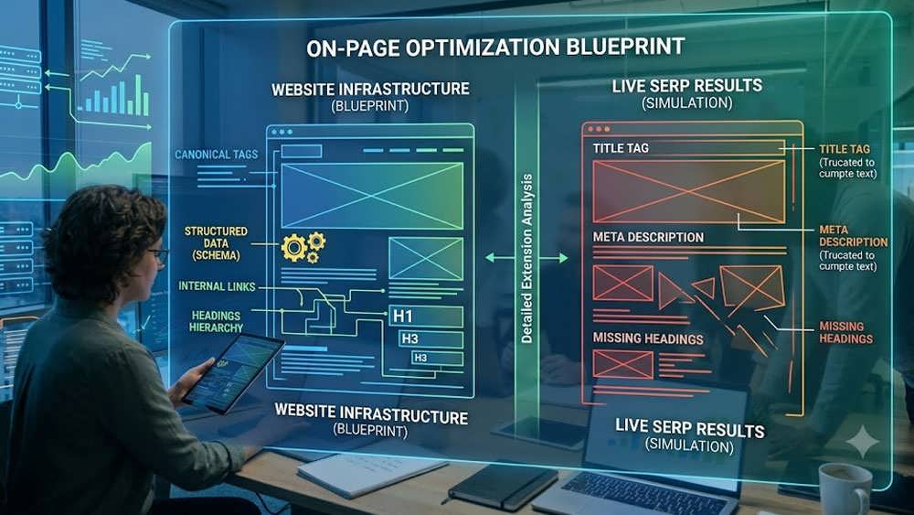 آنالیز on-page روی یک صفحه نمایش شفاف که المان های Micro-optimization (canonical tag, schema, headings) را در یک دیاگرام detailed extension نشان می دهد.