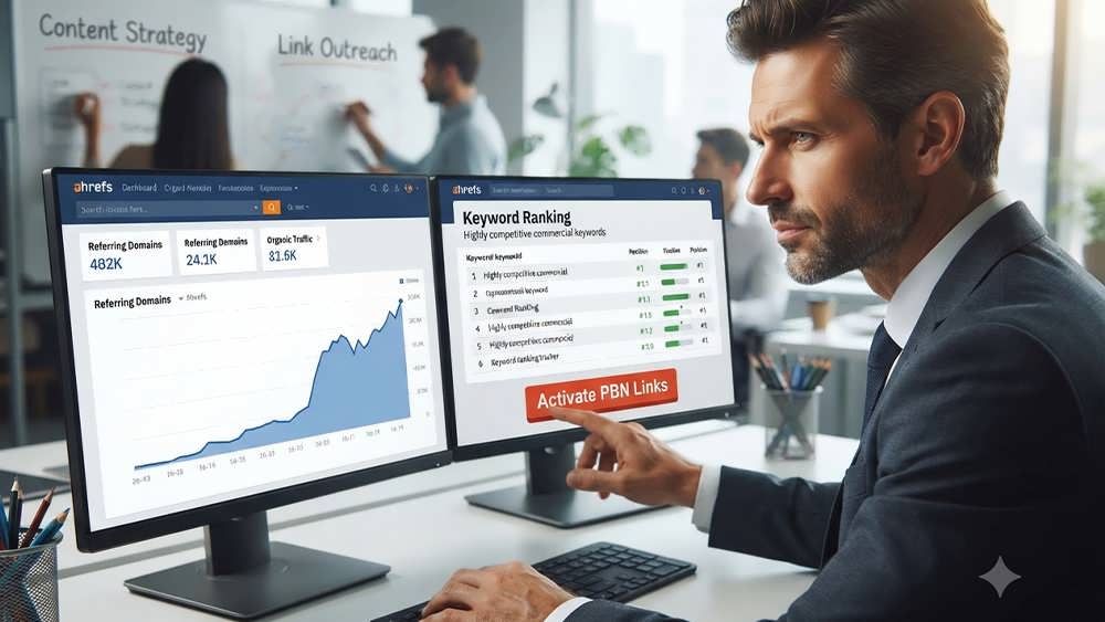 A photo-realistic close-up shot inside a modern office, showing an impatient business owner looking at two large monitors displaying dramatic, sudden spikes in organic traffic and keyword rankings. His hand is hovering over a large red button labeled 'Activate PBN Links', illustrating the temptation of quick results.