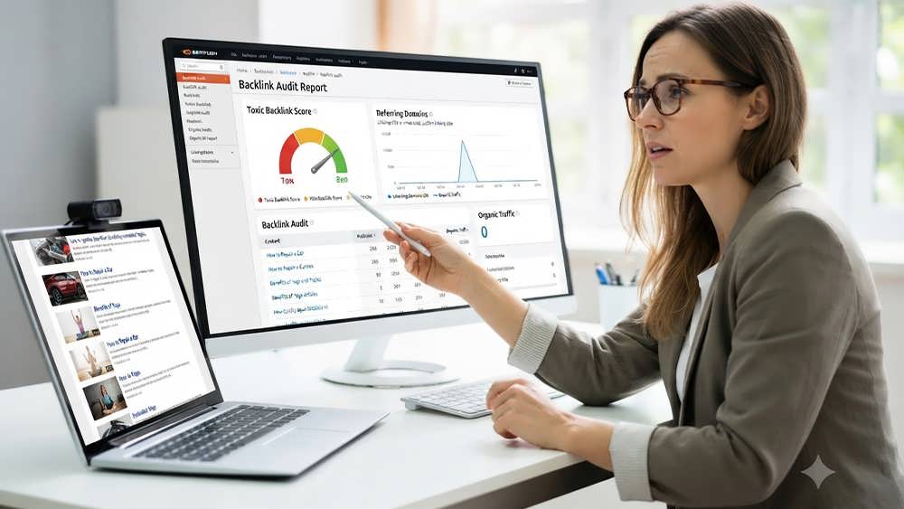 A photo-realistic shot in a home office, showing a digital marketing consultant pointing at a Semrush backlink audit report on a large monitor. The screen highlights a high 'Toxic Backlink Score', an unnatural spike in 'Referring Domains', and zero organic traffic, all indicators used to identify a PBN site.