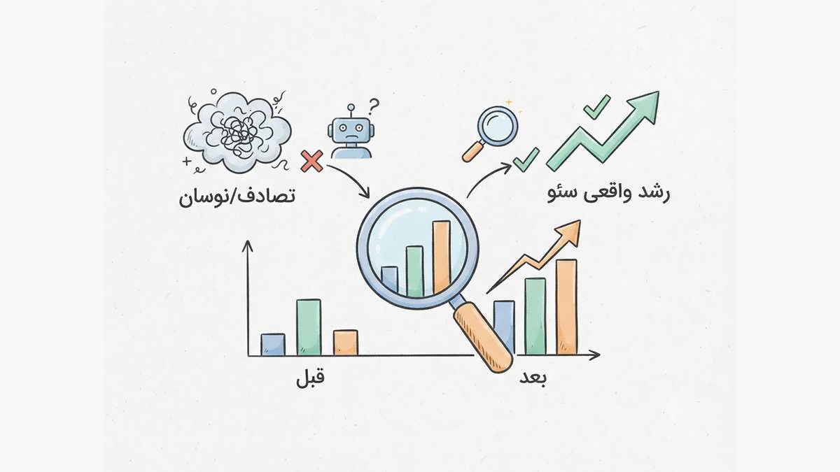 تصویر مفهومی تست علمی سئو برای جداسازی رشد واقعی ترافیک از نوسانات تصادفی.