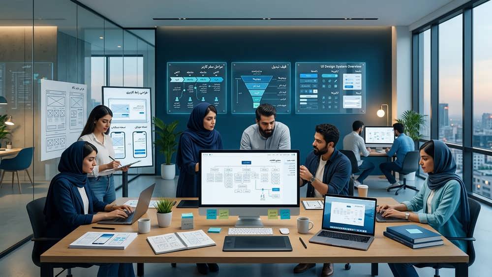 تصویر مفهومی از برنامه‌ریزی سایت و معماری اطلاعات همراه با طراحی UX/UI، وایرفریم، مسیر حرکت کاربر و چیدمان ریسپانسیو برای موبایل و دسکتاپ در یک فضای کاری حرفه‌ای