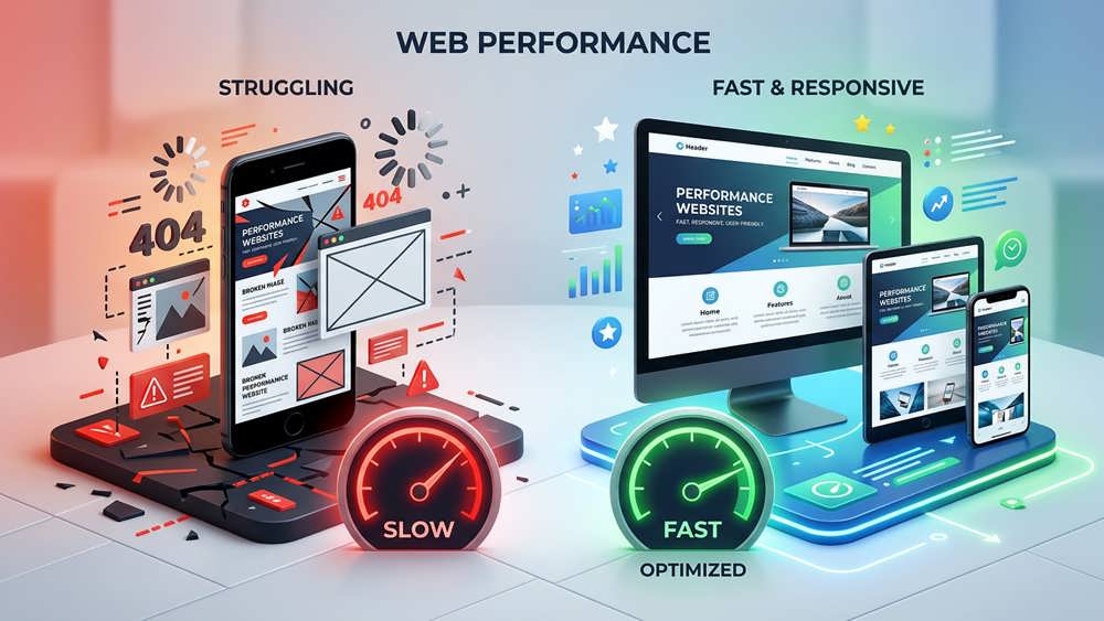 تصویر مفهومی از اهمیت سرعت بارگذاری سایت و ضرورت طراحی واکنش گرا (Responsive) برای نمایش بی نقص در موبایل و دسکتاپ.