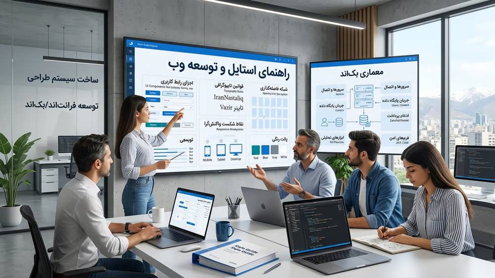 راهنمای استایل و توسعه فرانت‌اند و بک‌اند، شامل بررسی دیزاین سیستم، کامپوننت‌های رابط کاربری، تایپوگرافی، گریدبندی، کدنویسی، معماری سرور، دیتابیس و یکپارچه‌سازی ابزارهای وب در یک فضای کاری مدرن