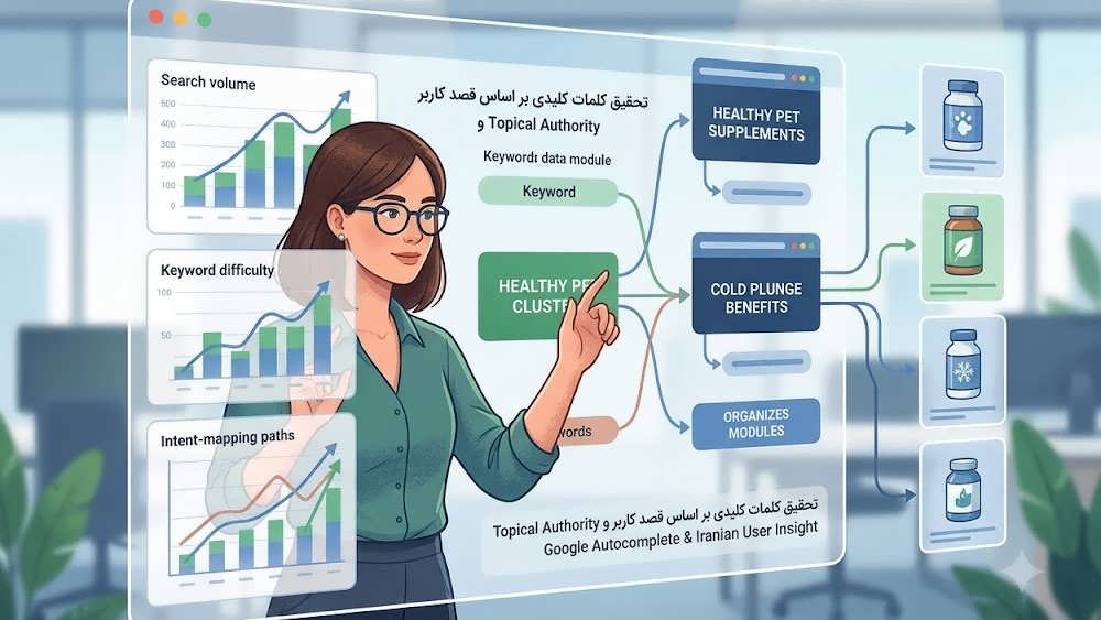 یک متخصص محتوا در حال تعامل با یک نمایشگر دیجیتال که ابزارهای تحقیق کلمات کلیدی (مانند Ahrefs و Keyword Planner) را با تأکید بر آنالیز حجم جستجو و Intent Mapping برای یک خوشه ی موضوعی فروشگاه آنلاین نشان می دهد.