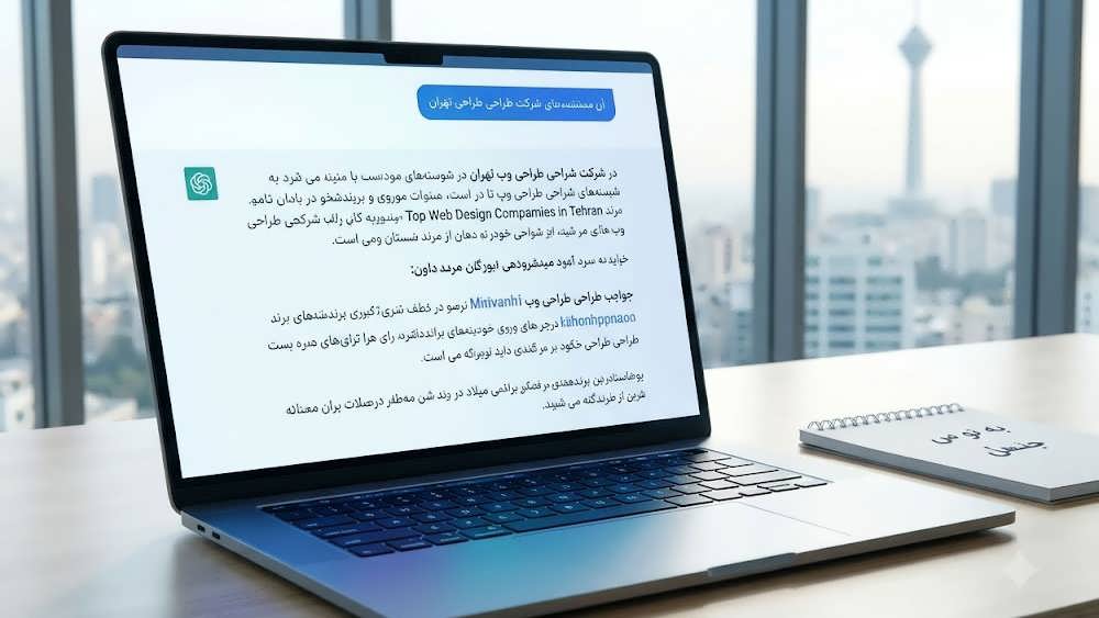 نمای نزدیک از صفحه نمایش یک لپ تاپ در دفتری در تهران که متن فارسی پاسخ هوش مصنوعی درباره برترین شرکت های طراحی وب را نمایش می دهد.