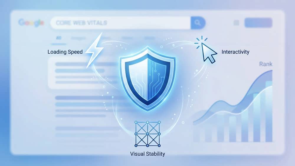 نمای گرافیکی از هسته حیاتی وب (Core Web Vitals) شامل معیارهای سرعت بارگذاری، تعامل‌پذیری و ثبات بصری که نقش کلیدی در بهبود تجربه کاربری و رتبه سئو سایت دارند.