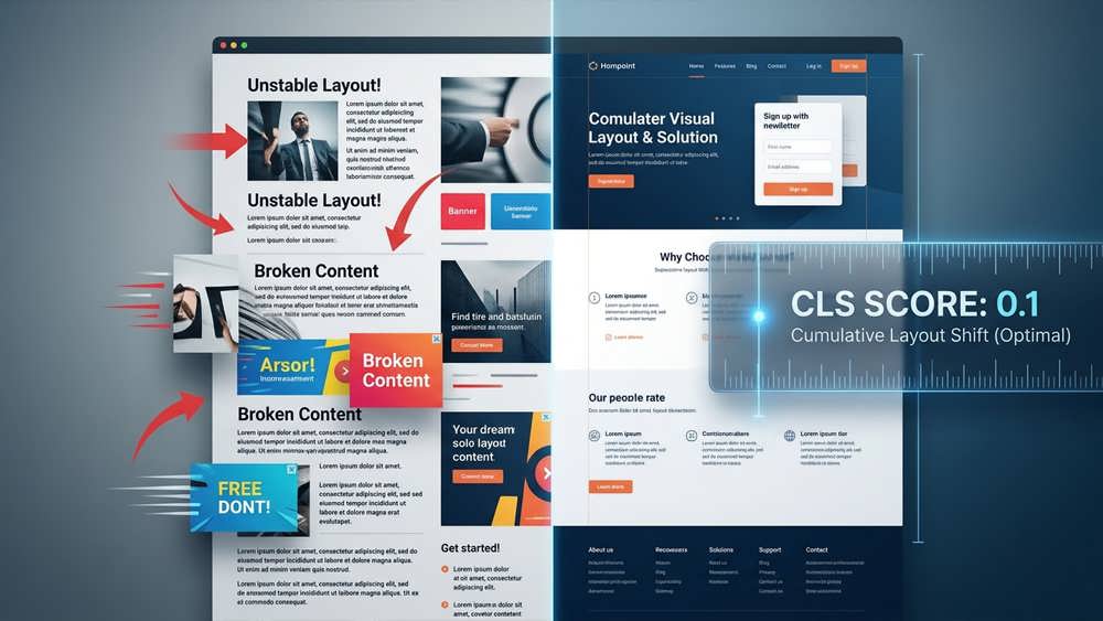 نمای گرافیکی از تغییرات چیدمان تجمعی (CLS) که تفاوت بین یک صفحه وب با جابجایی‌های آزاردهنده و یک صفحه پایدار و منظم با نمره استاندارد ۰.۱ را نشان می‌دهد.