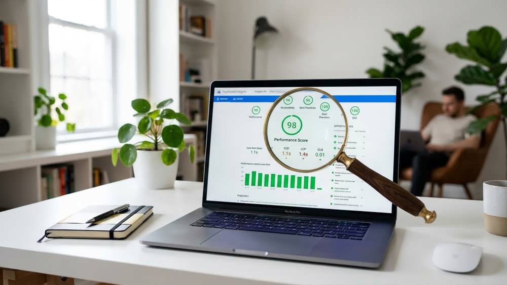 تصویری از محیط کاربری ابزار Google PageSpeed Insights بر روی لپ‌تاپ که در حال نمایش تحلیل عملکرد و نمرات سئو و سرعت یک وب‌سایت است.