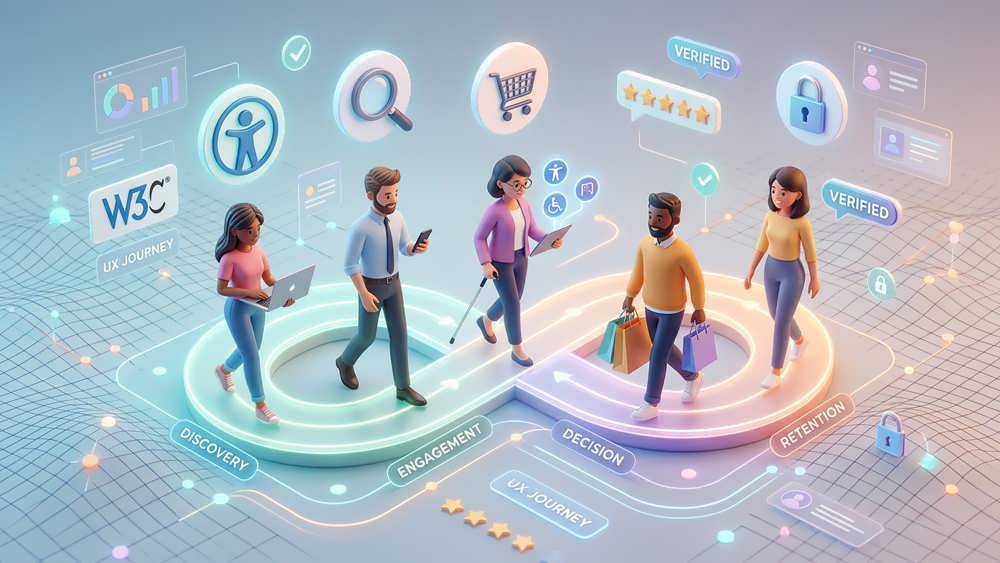 مراحل بهینه سازی تجربه کاربری (UX) شامل تعیین پرسونا، ترسیم مسیر کاربر و ایجاد سایت قابل دسترس برای همه.