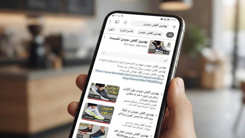نمایی از اپلیکیشن موبایل یوتیوب که نتایج جستجو برای عبارت فارسی 'بهترین کفش دویدن' را نشان می دهد و یکی از ویدیوها دارای تامنیل برند شده و لینک مستقیم به فروشگاه اینترنتی در توضیحات است