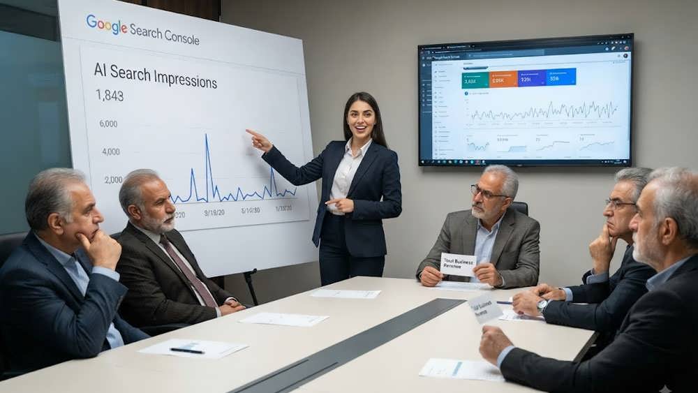 ارائه ایمپرشن های هوش مصنوعی به مدیران در یک جلسه کاری و واکنش تردیدآمیز آن ها
