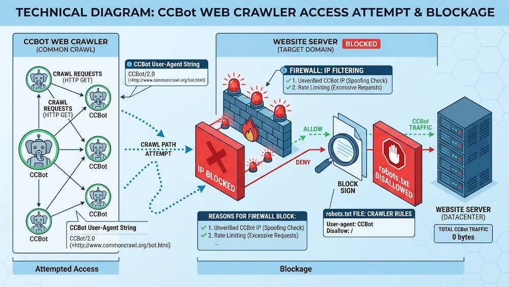 دیاگرام مسدود شدن ربات CCBot توسط فایروال و تنظیمات robots.txt سرور