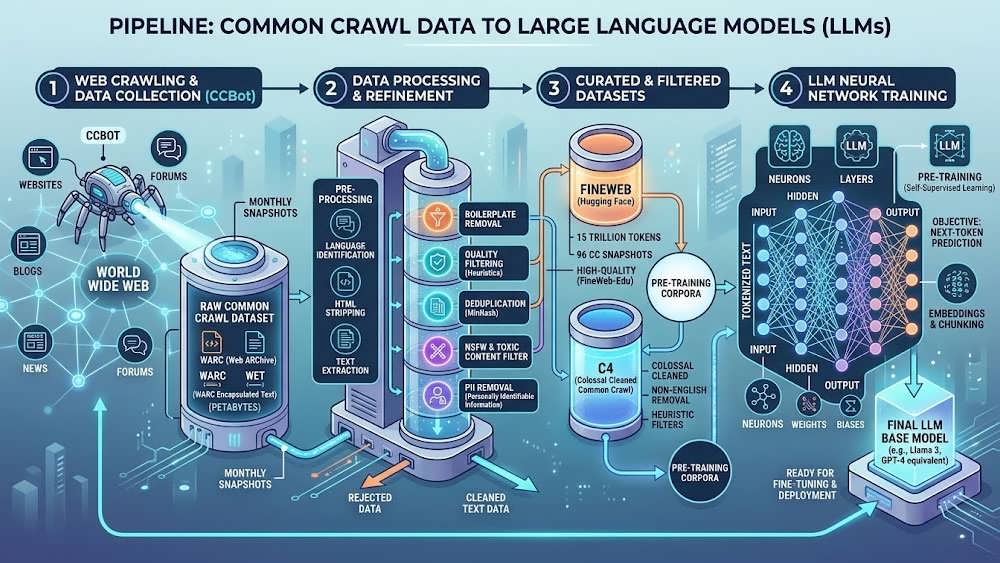 دیاگرام مراحل تبدیل داده های خام Common Crawl به داتاست آموزشی مدل های زبانی هوش مصنوعی