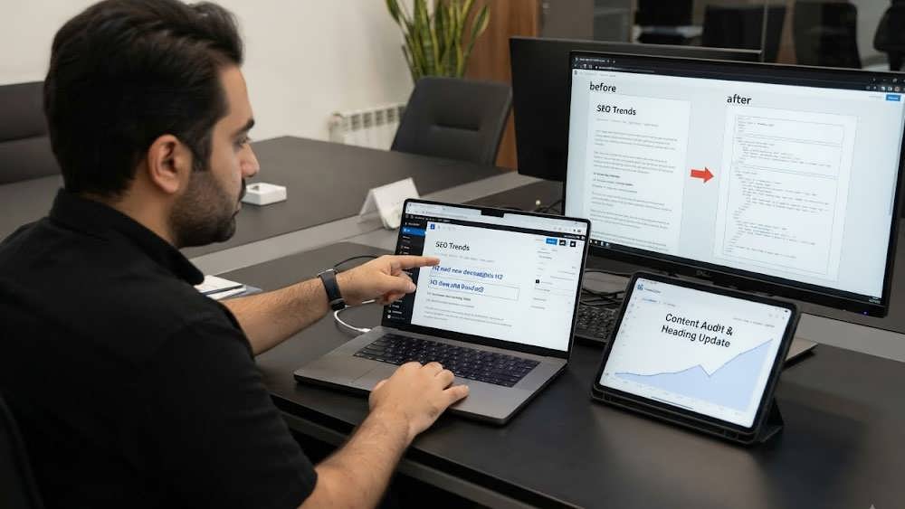 تیم تولید محتوای دانش وب در حال ویرایش مقاله برای بهبود سئو و هوش مصنوعی