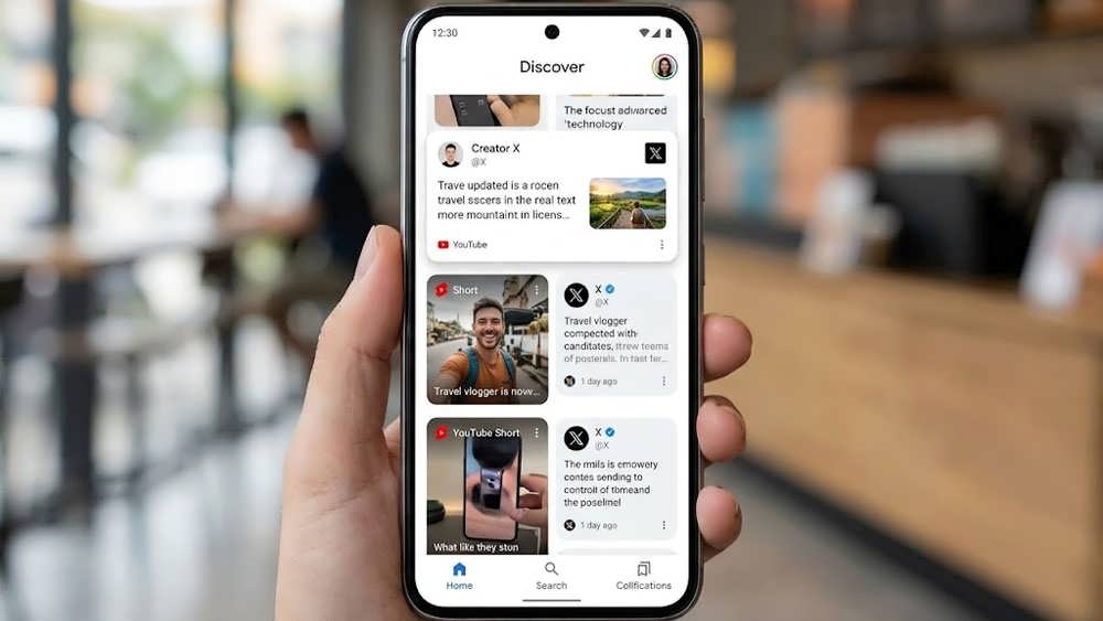 صفحه نمایش گوشی هوشمند که Google Discover را نمایش می دهد، ترکیبی از کارت های مقاله، تصاویر کوچک ویدیویی عمودی کوتاه و قطعه هایی از پست های رسانه های اجتماعی را به نمایش می گذارد.
