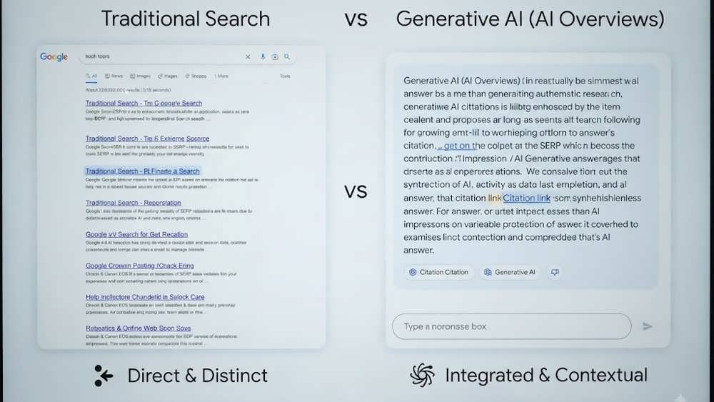 مقایسه بصری نحوه نمایش لینک ها در جستجوی سنتی گوگل و AI Overviews