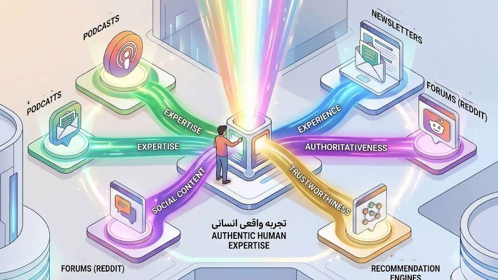 یک اینفوگرافیک ۳ بعدی ایزومتریک که نشان می دهد تخصص واقعی انسانی چگونه هسته اصلی E-E-A-T را تشکیل می دهد و به صورت پرتوهای نوری به سمت پلتفرم های مختلف مانند پادکست و خبرنامه می تابد.