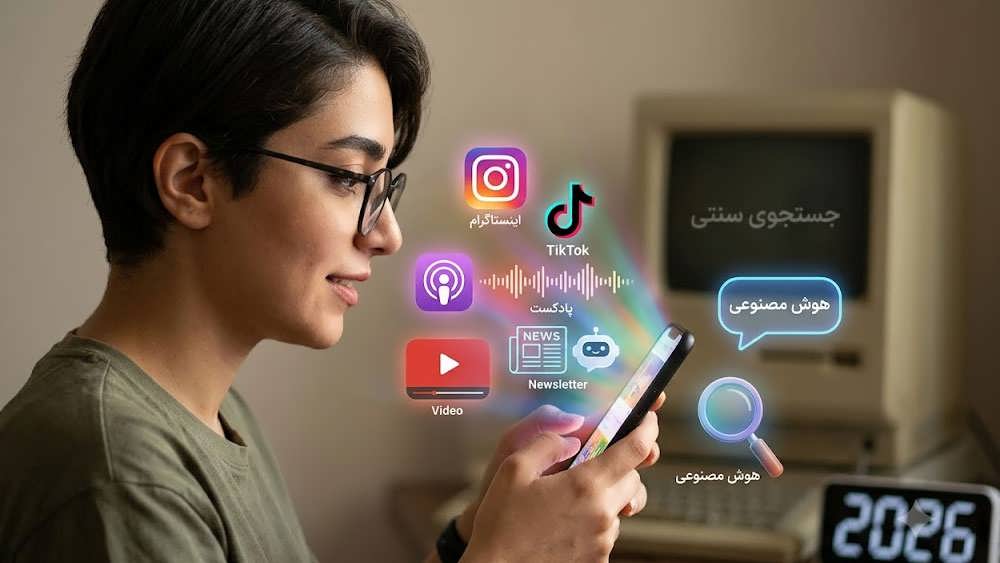 تصویری از یک زن نسل زد ایرانی که در حال اسکرول کردن گوشی خود است و از صفحه گوشی او نورها و آیکون های مختلفی از شبکه های اجتماعی، هوش مصنوعی، پادکست و ویدیو خارج می شود. در پس زمینه یک کامپیوتر قدیمی و خاموش دیده می شود.