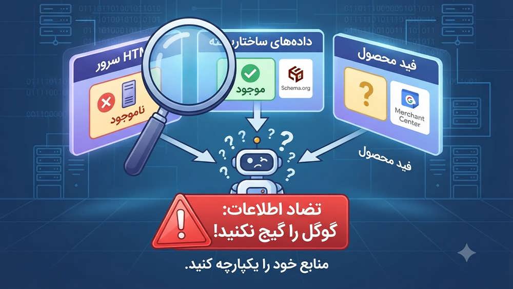 نمایش تضاد در متادیتاهای محصول و تاثیر آن بر درک ربات گوگل از موجودی کالا.
