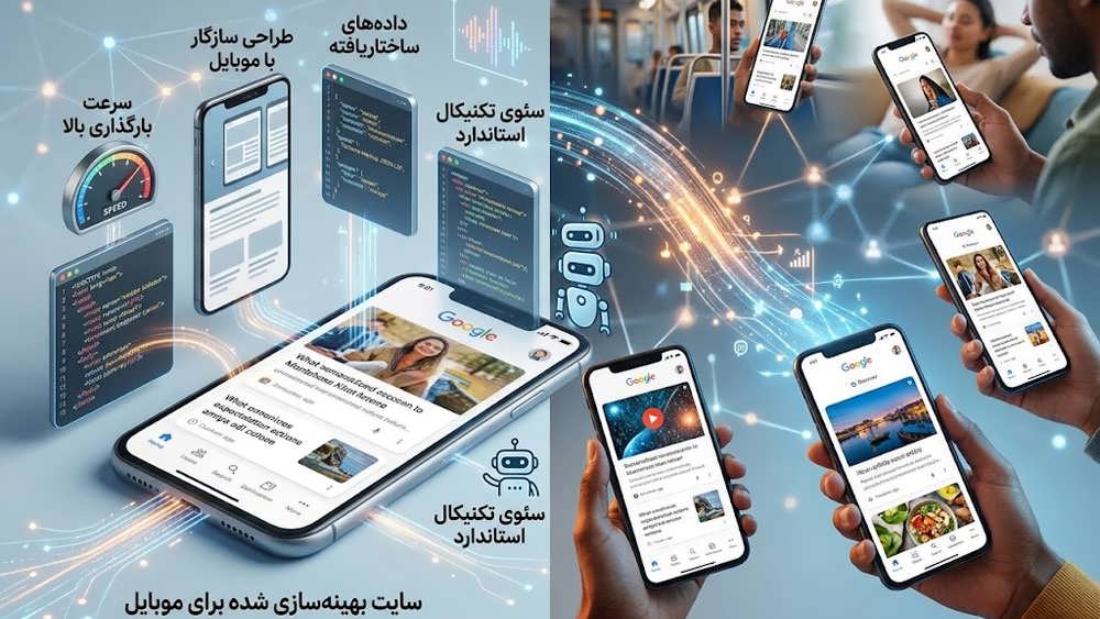 تصویر موبایل با نمادهای سرعت و بهینه سازی فنی برای دیسکاور