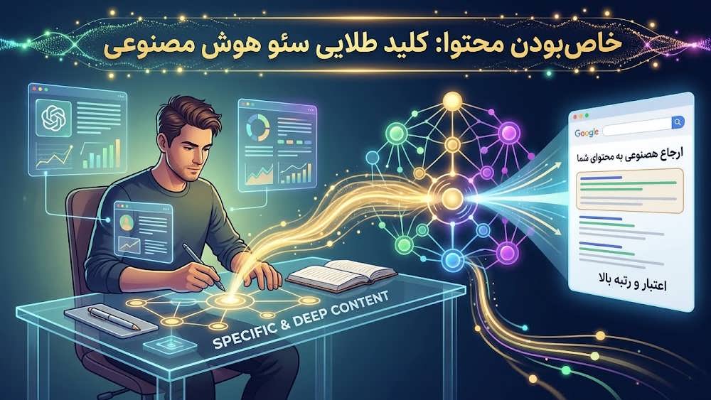 یک تصویر شاخص که نویسنده ای را نشان می دهد که محتوای خاص را به شبکه هوش مصنوعی ارسال می کند تا به عنوان مرجع سئو در گوگل ظاهر شود.